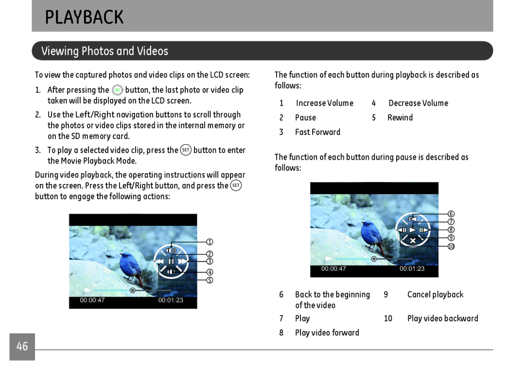 GE DSC-X600-BK-US-1 user manual Playback, Viewing Photos and Videos, Cancel playback, Video Play, Play video forward 