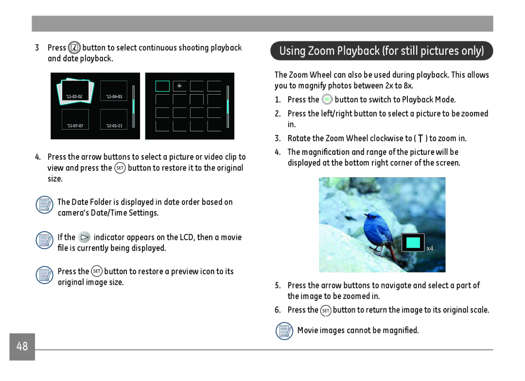 GE DSC-X600-BK-US-1 user manual Using Zoom Playback for still pictures only, Movie images cannot be magnified 