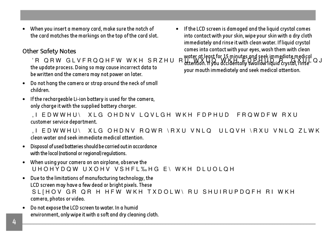 GE DSC-X600-BK-US-1 user manual Other Safety Notes, Do not expose the LCD screen to water. In a humid 