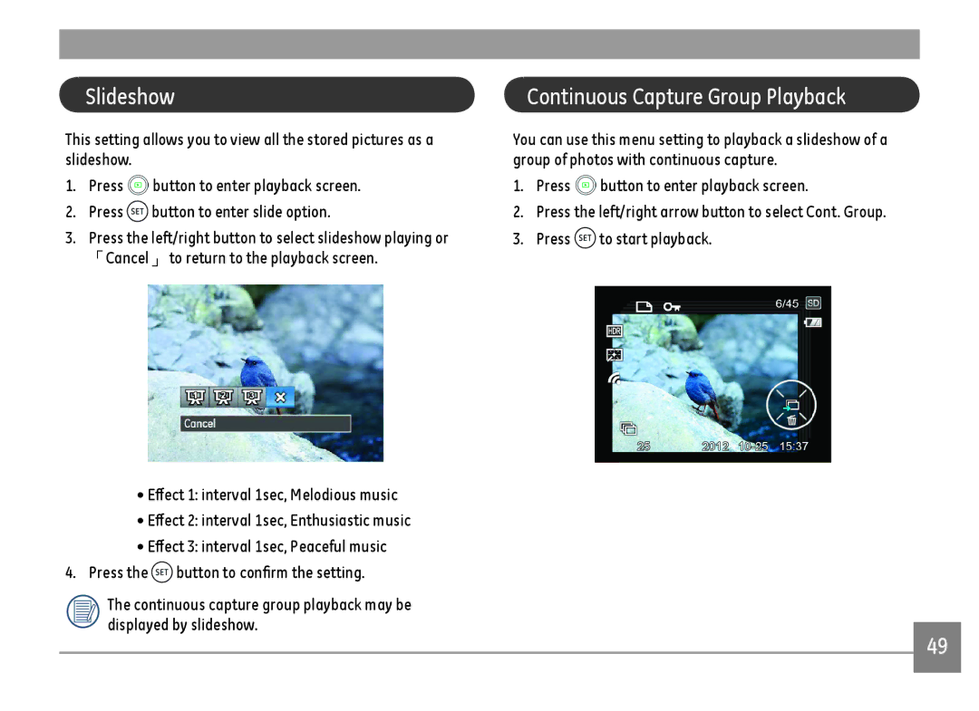 GE DSC-X600-BK-US-1 user manual Slideshow, Continuous Capture Group Playback 