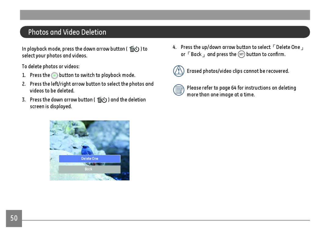 GE DSC-X600-BK-US-1 user manual Photos and Video Deletion 