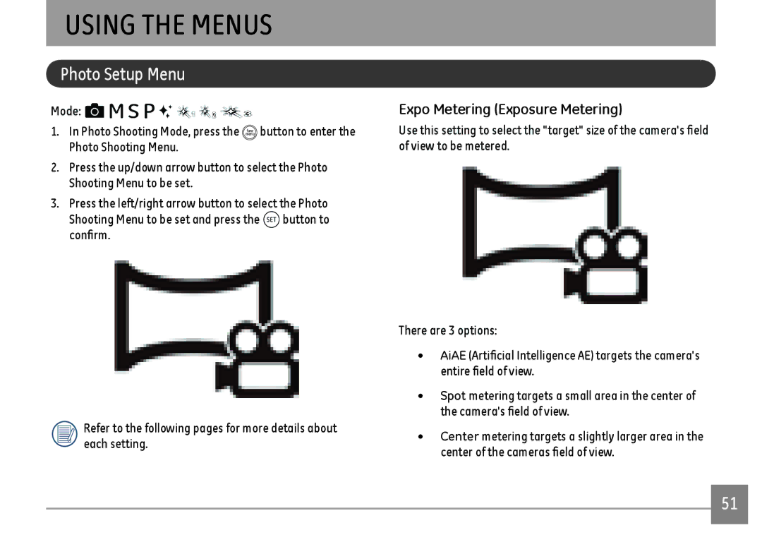 GE DSC-X600-BK-US-1 user manual Using the Menus, Photo Setup Menu, Expo Metering Exposure Metering 