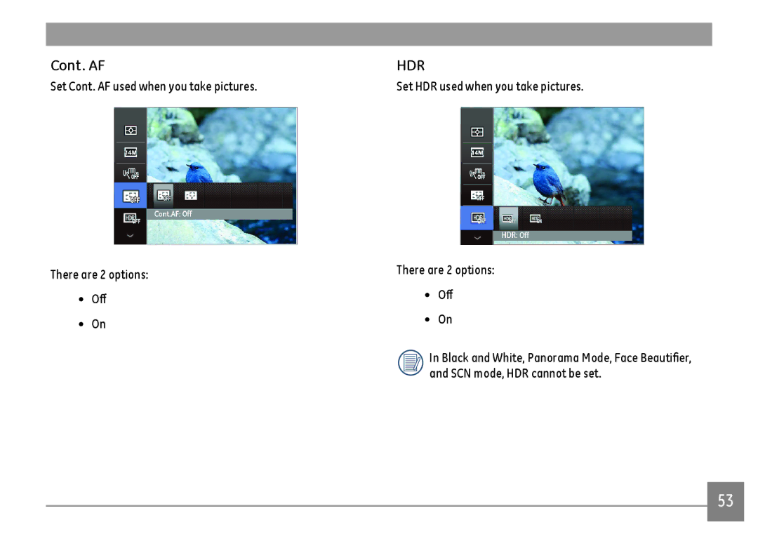 GE DSC-X600-BK-US-1 user manual Cont. AF, Set HDR used when you take pictures There are 2 options Off 