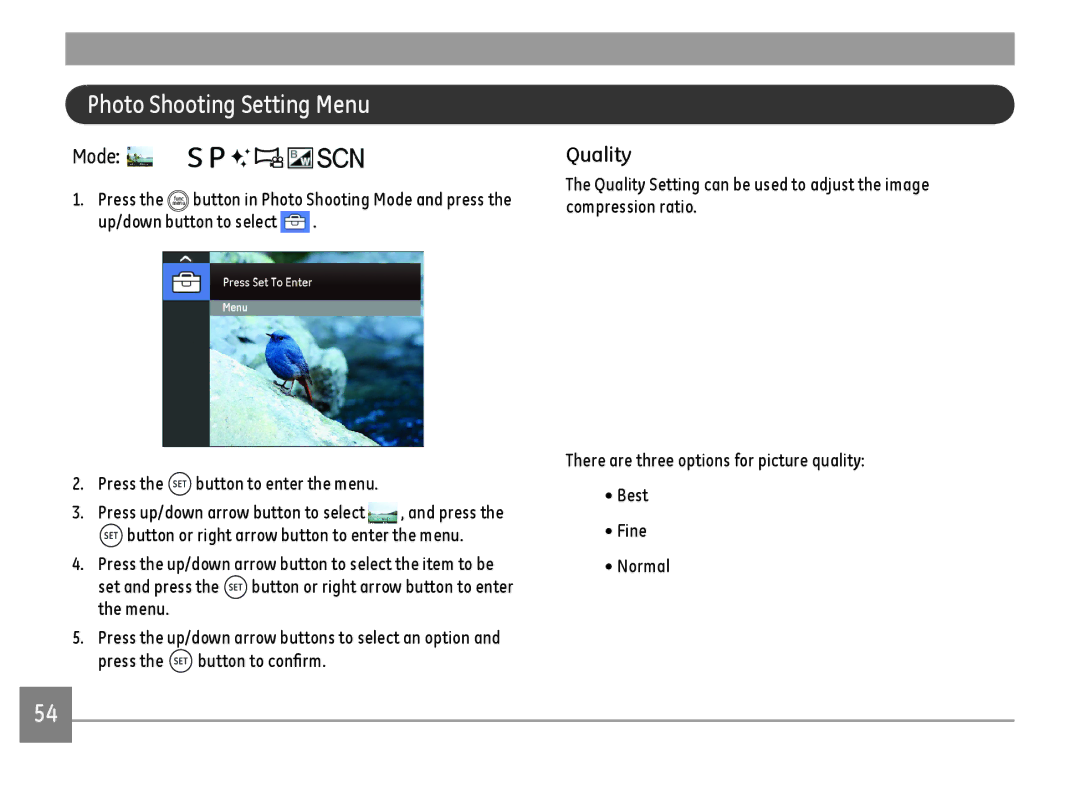 GE DSC-X600-BK-US-1 Photo Shooting Setting Menu, Quality, Press the func button in Photo Shooting Mode and press 