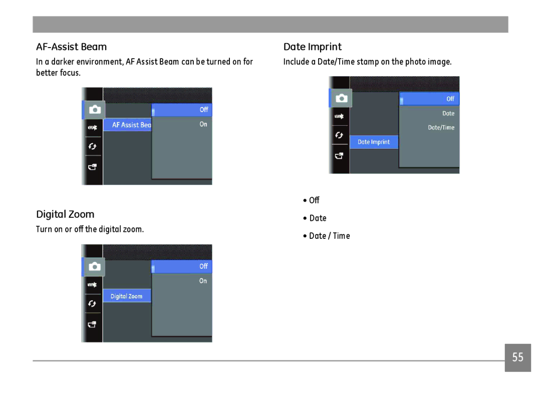 GE DSC-X600-BK-US-1 user manual AF-Assist Beam, Digital Zoom, Date Imprint, Turn on or off the digital zoom 
