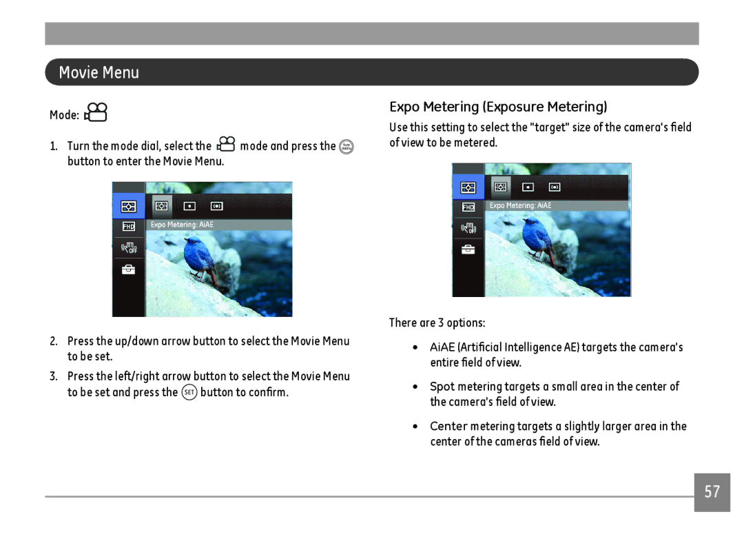 GE X600 Movie Menu, Mode Turn the mode dial, select the mode and press the func, To be set and press the button to confirm 