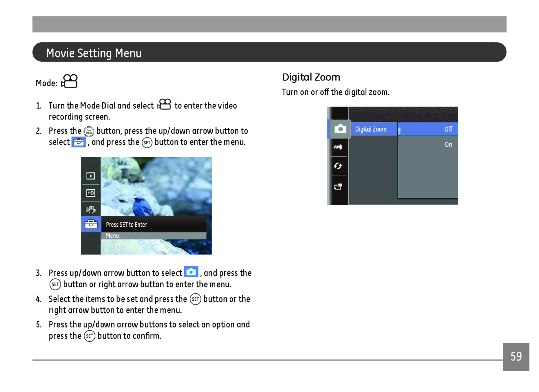 GE DSC-X600-BK-US-1 user manual Movie Setting Menu, Select , and press the button to enter the menu 