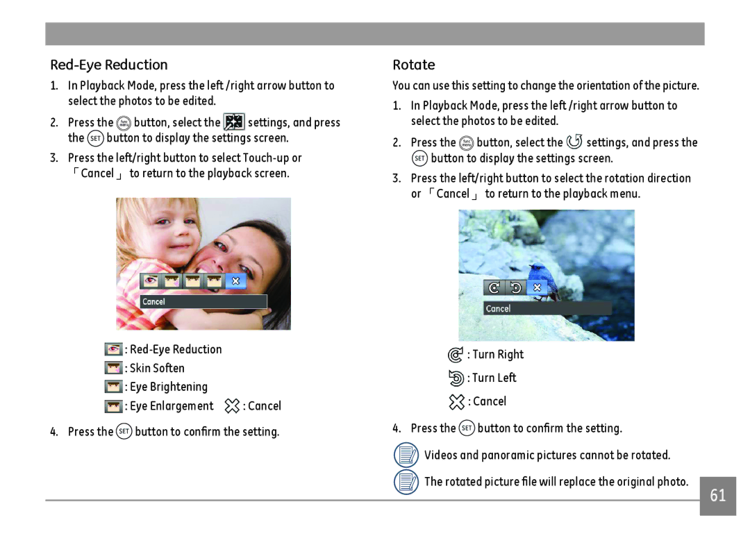 GE DSC-X600-BK-US-1 user manual Red-Eye Reduction, Rotate, Button to display the settings screen 