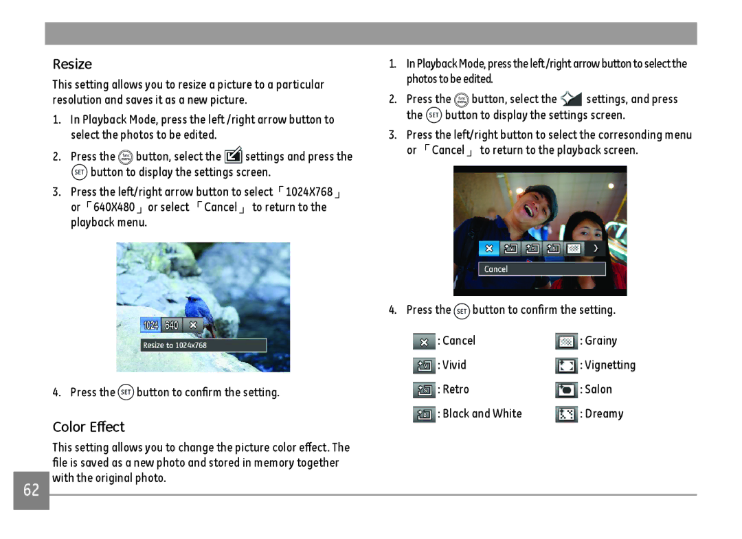 GE DSC-X600-BK-US-1 user manual Resize, Color Effect 