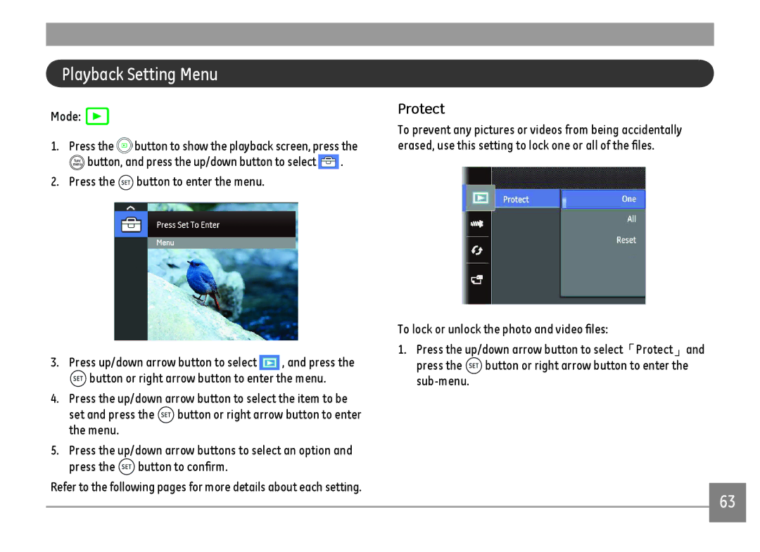 GE DSC-X600-BK-US-1 user manual Playback Setting Menu, Protect, Mode 