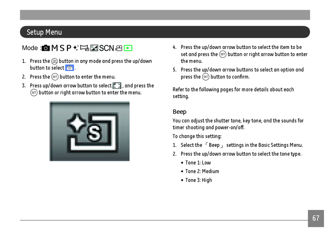 GE DSC-X600-BK-US-1 user manual Setup Menu, Mode, Beep, Press the func button in any mode and press the up/down 