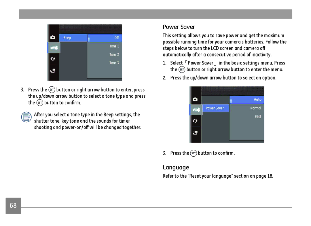 GE DSC-X600-BK-US-1 user manual Power Saver, Language, Button to confirm, Refer to the Reset your language section on 