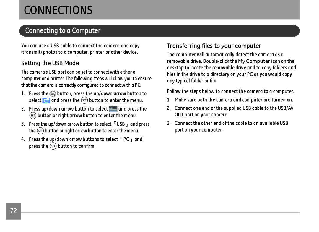 GE DSC-X600-BK-US-1 Connections, Connecting to a Computer, Setting the USB Mode, Transferring files to your computer 