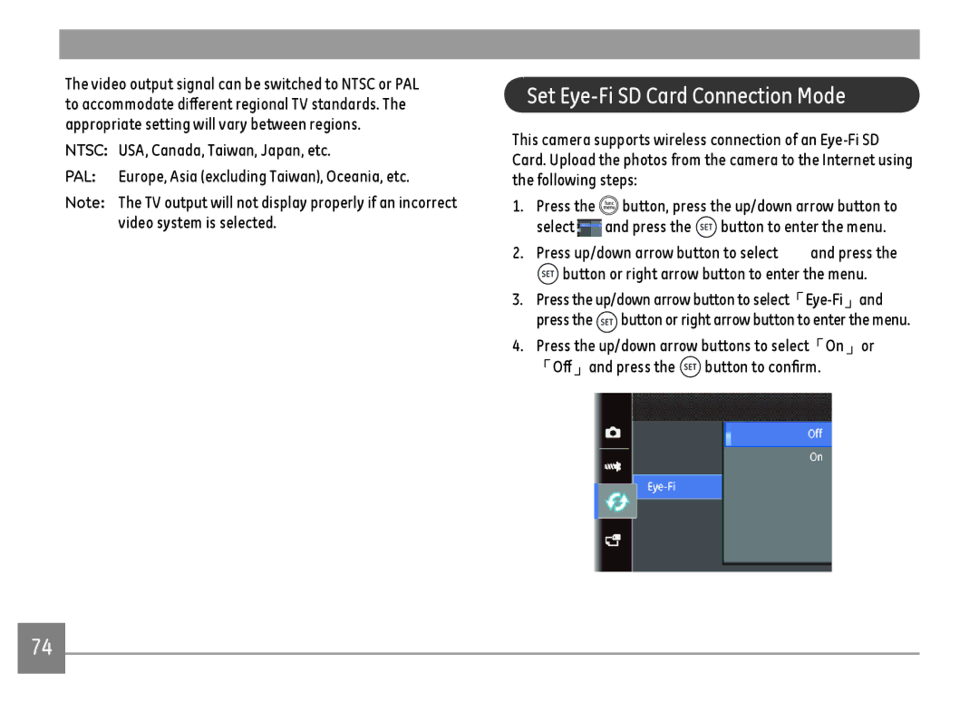 GE DSC-X600-BK-US-1 user manual Set Eye-Fi SD Card Connection Mode 