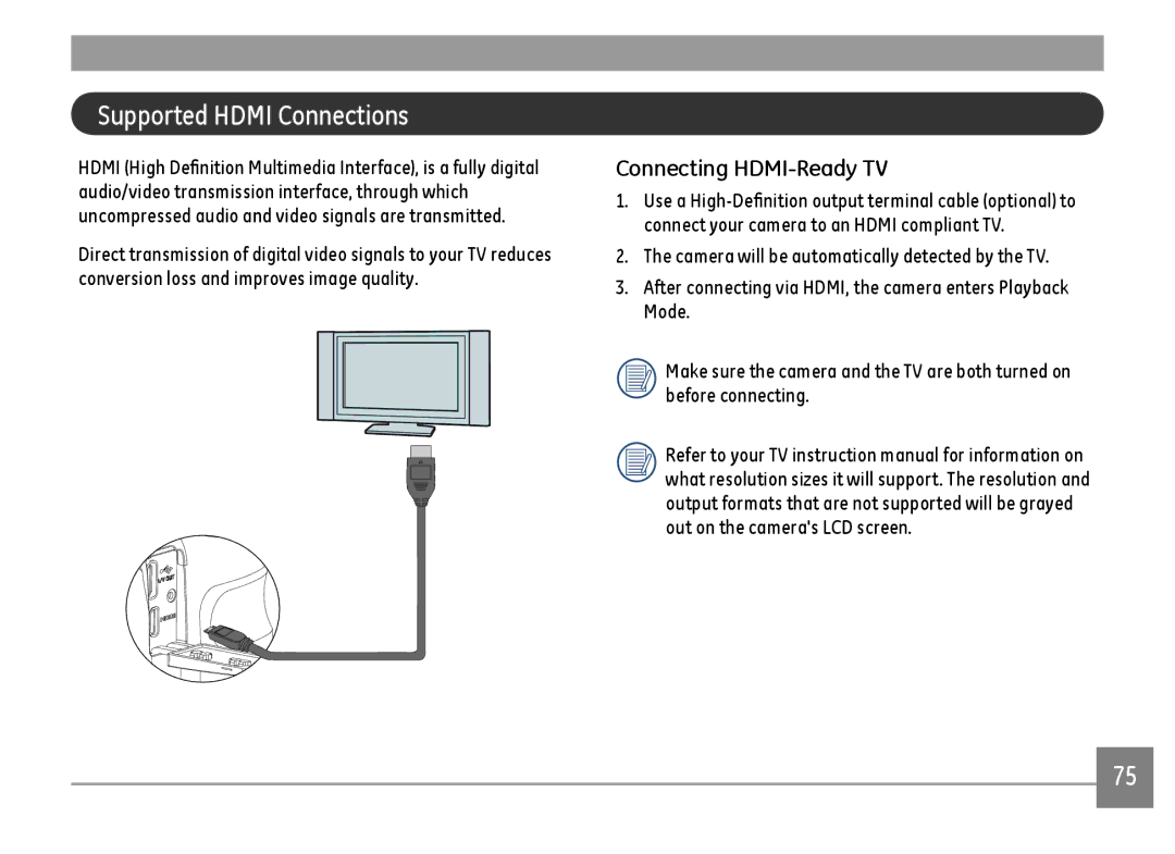 GE DSC-X600-BK-US-1 user manual Supported Hdmi Connections, Connecting HDMI-Ready TV 