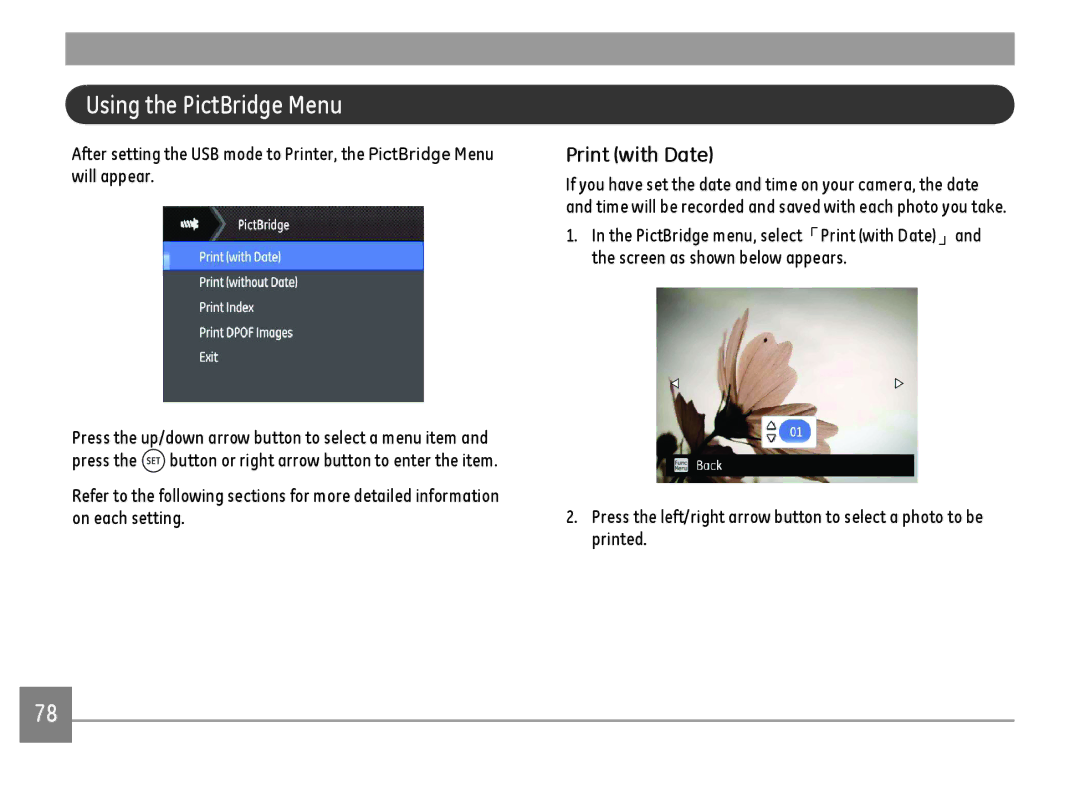 GE DSC-X600-BK-US-1 user manual Using the PictBridge Menu, Print with Date 