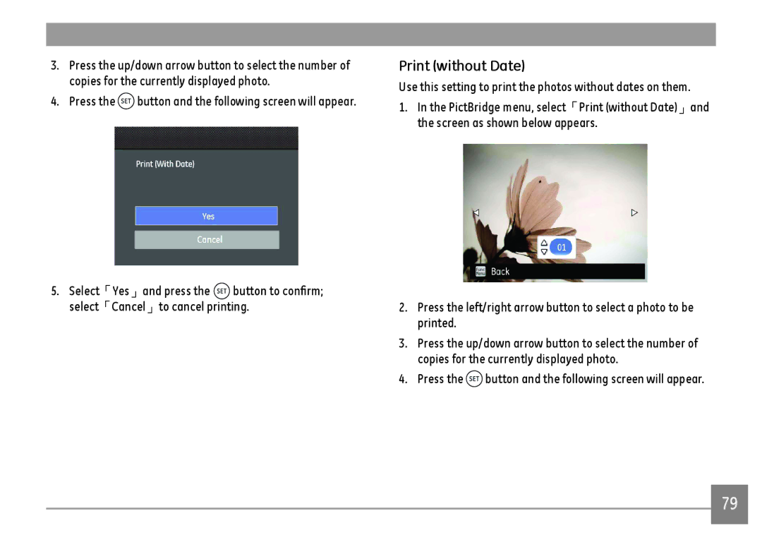 GE DSC-X600-BK-US-1 user manual Print without Date, Press the button and the following screen will appear 