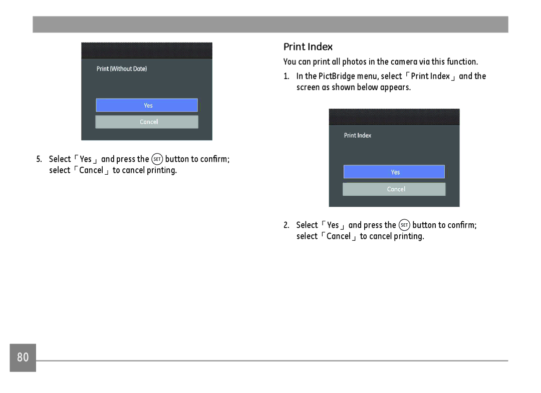 GE DSC-X600-BK-US-1 user manual Print Index, You can print all photos in the camera via this function 