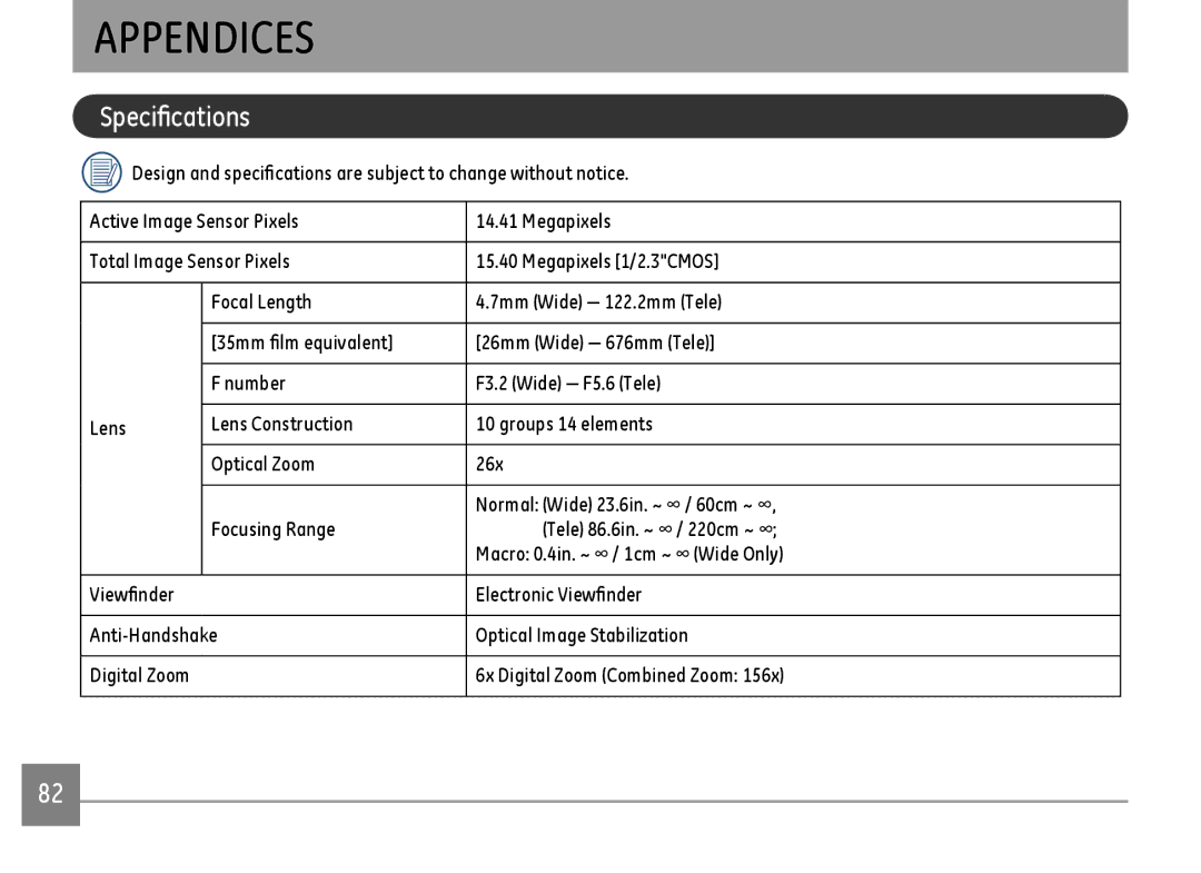 GE DSC-X600-BK-US-1 user manual Appendices, Specifications 