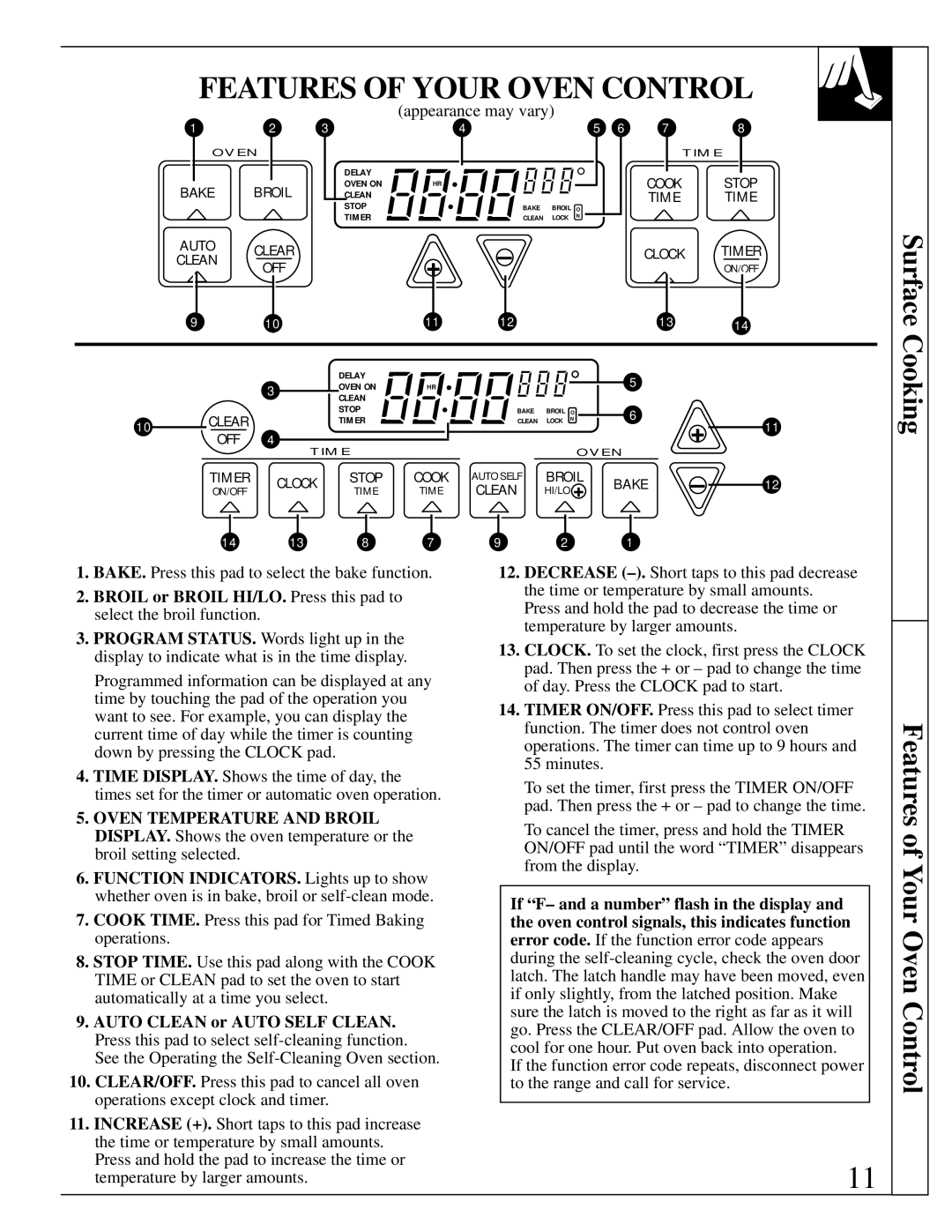 GE XL44 installation instructions Features of Your Oven Control, Appearance may vary 