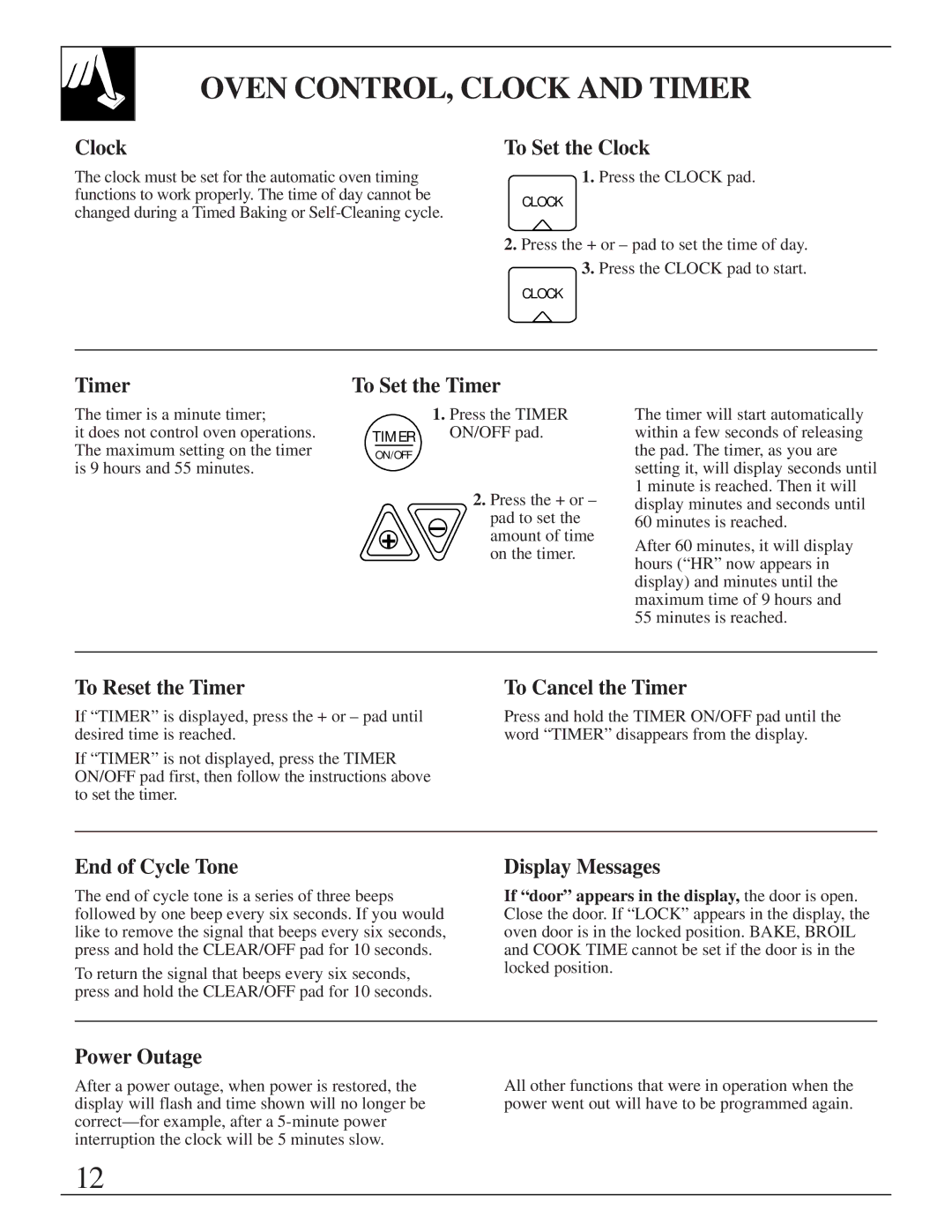 GE XL44 installation instructions Oven CONTROL, Clock and Timer 