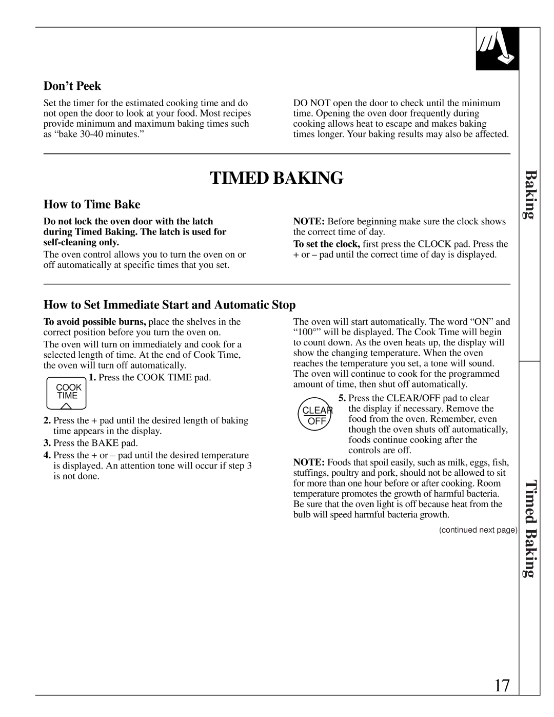 GE XL44 installation instructions Timed Baking, Don’t Peek, How to Time Bake, How to Set Immediate Start and Automatic Stop 