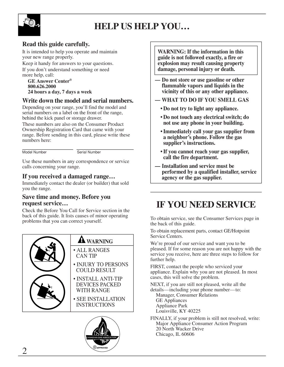 GE XL44 installation instructions Help US Help YOU…, If YOU Need Service 