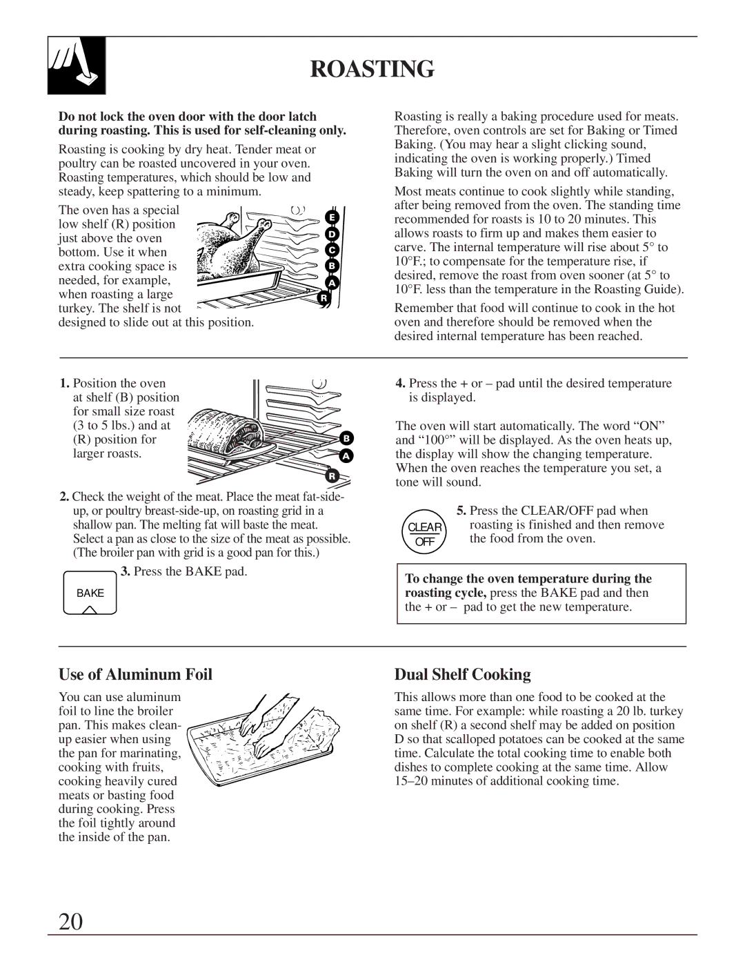 GE XL44 installation instructions Roasting, Use of Aluminum Foil, Dual Shelf Cooking 