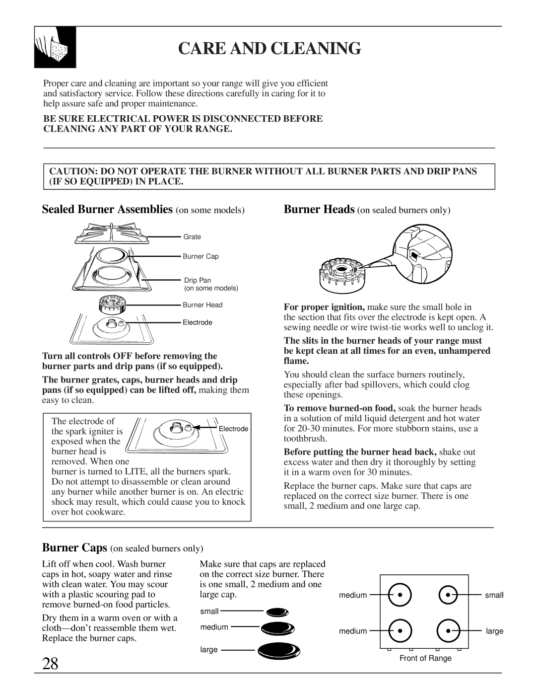 GE XL44 installation instructions Care and Cleaning, Sealed Burner Assemblies on some models 