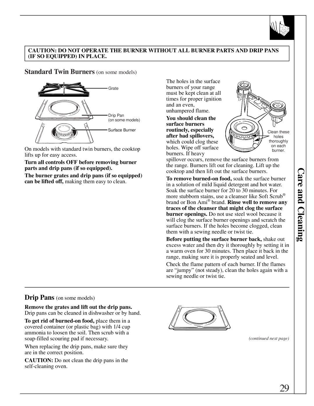 GE XL44 installation instructions Standard Twin Burners on some models, Remove the grates and lift out the drip pans 