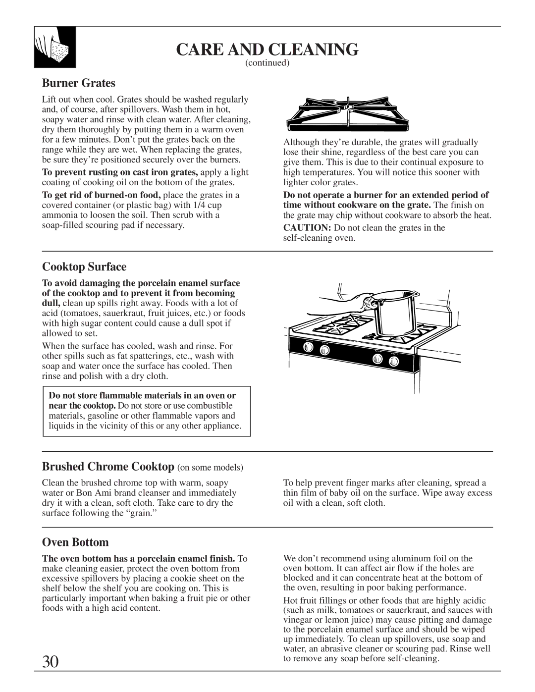 GE XL44 installation instructions Burner Grates, Cooktop Surface, Brushed Chrome Cooktop on some models, Oven Bottom 