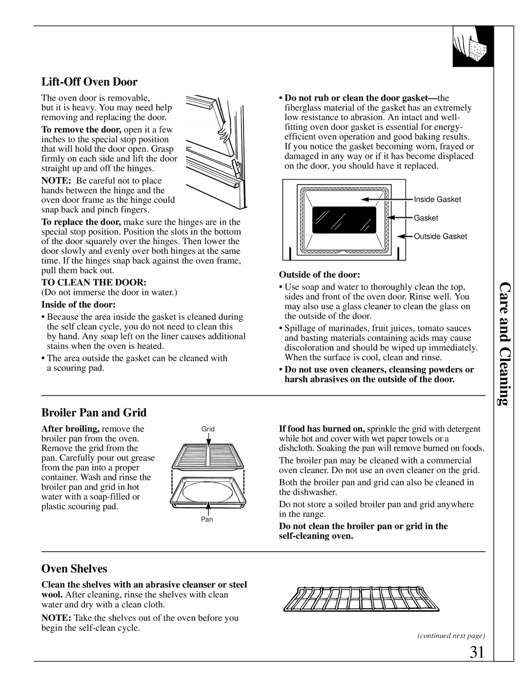 GE XL44 installation instructions Lift-Off Oven Door, Broiler Pan and Grid, Inside of the door, Outside of the door 