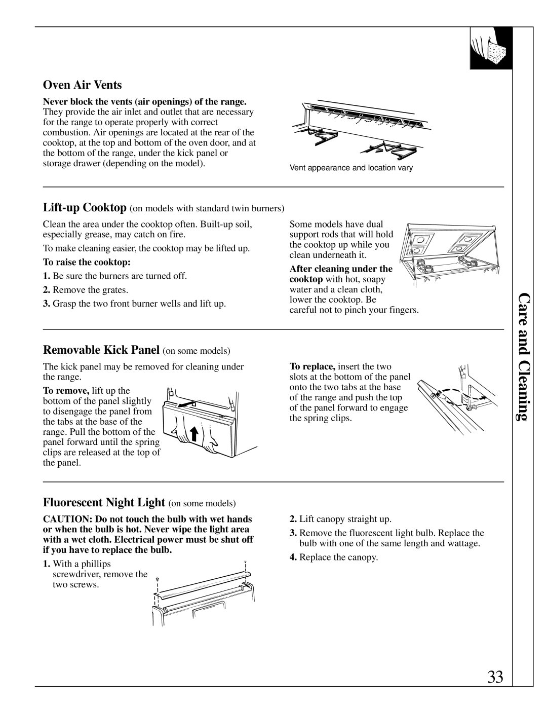 GE XL44 Oven Air Vents, Removable Kick Panel on some models, Fluorescent Night Light on some models 