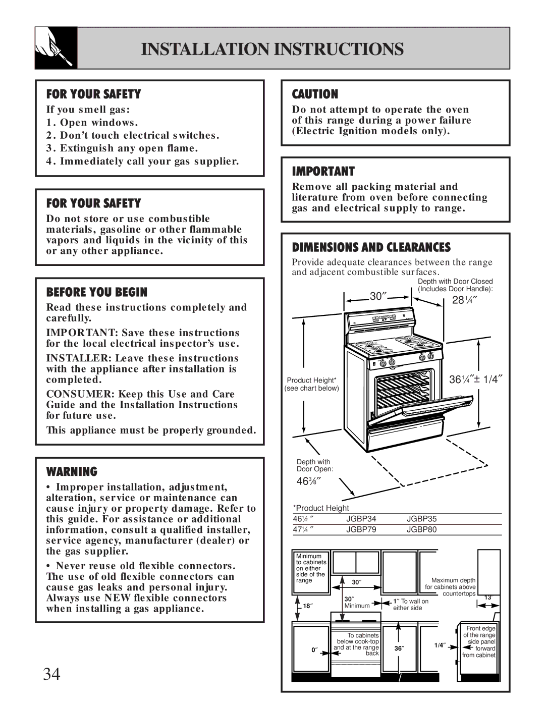 GE XL44 installation instructions Installation Instructions, For Your Safety 