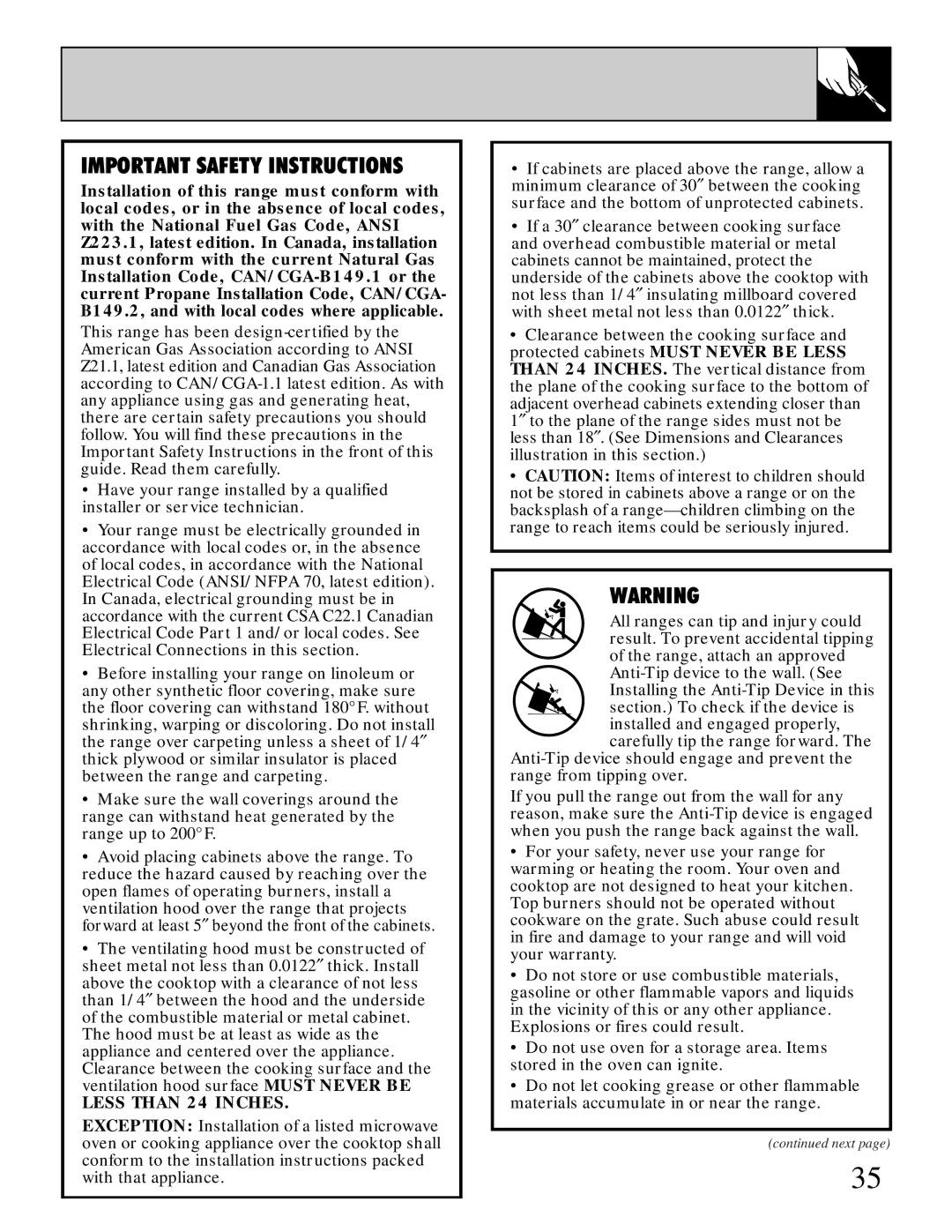 GE XL44 installation instructions Important Safety Instructions 