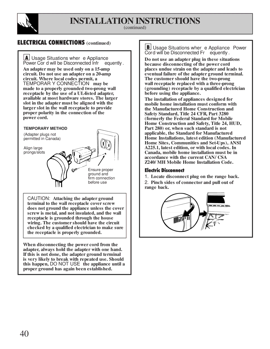 GE XL44 installation instructions Electrical Connections, Electric Disconnect 