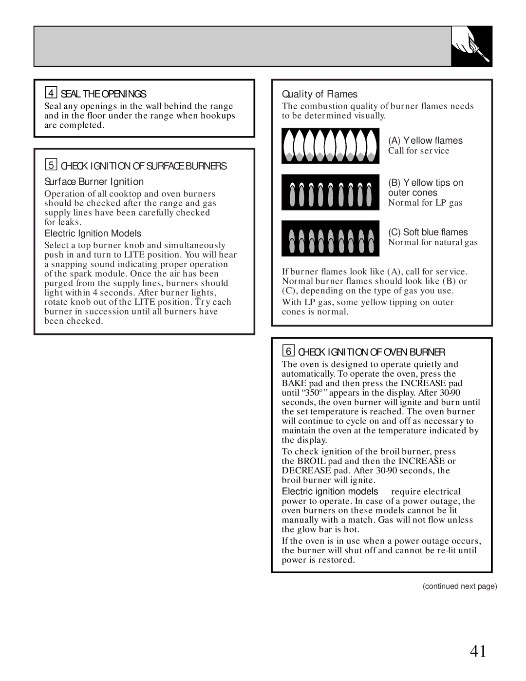 GE XL44 Seal the Openings, Check Ignition of Surface Burners, Surface Burner Ignition, Quality of Flames 