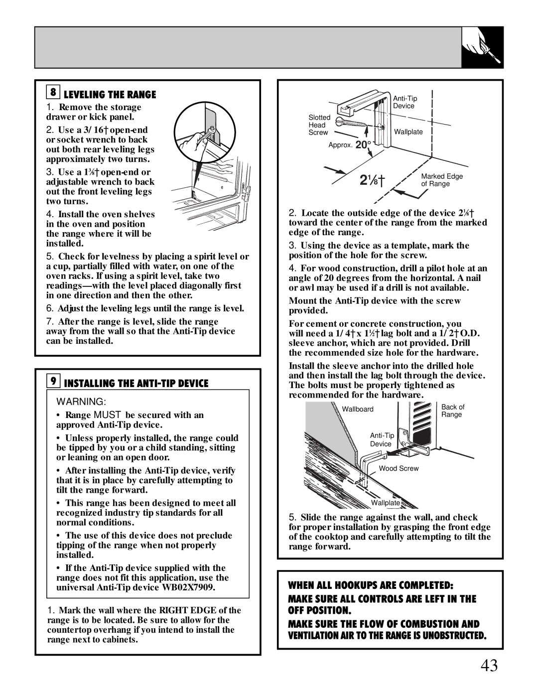 GE XL44 installation instructions Leveling the Range, Installing the ANTI-TIP Device 