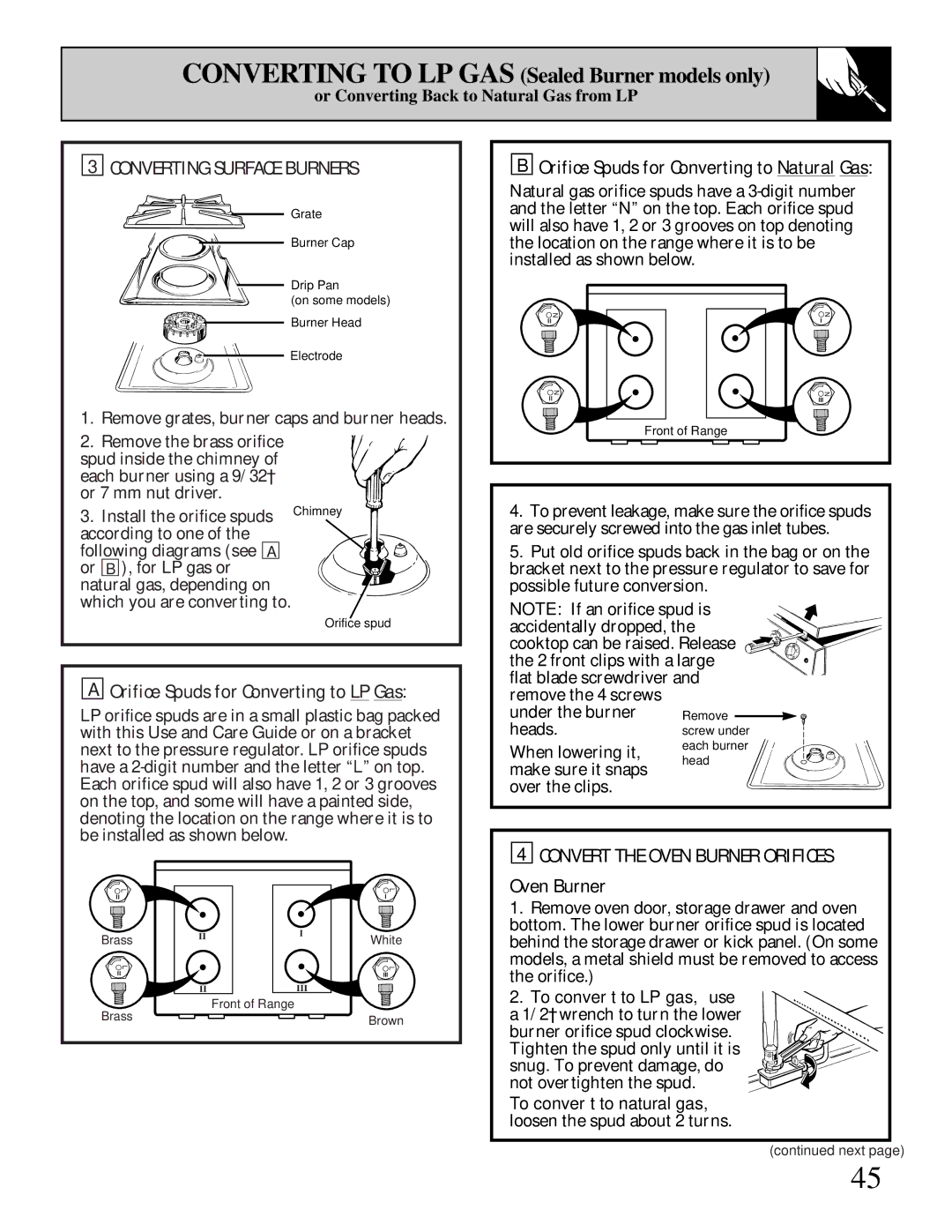 GE XL44 Converting Surface Burners, Orifice Spuds for Converting to LP Gas, Orifice Spuds for Converting to Natural Gas 