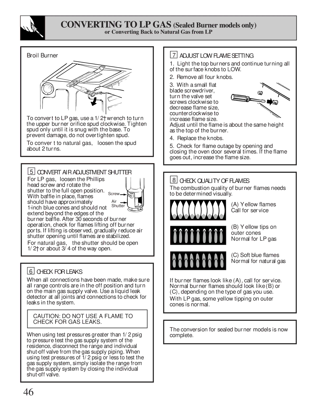 GE XL44 Broil Burner, Adjust LOW Flame Setting, Convert AIR Adjustment Shutter, Check for Leaks, Check Quality of Flames 