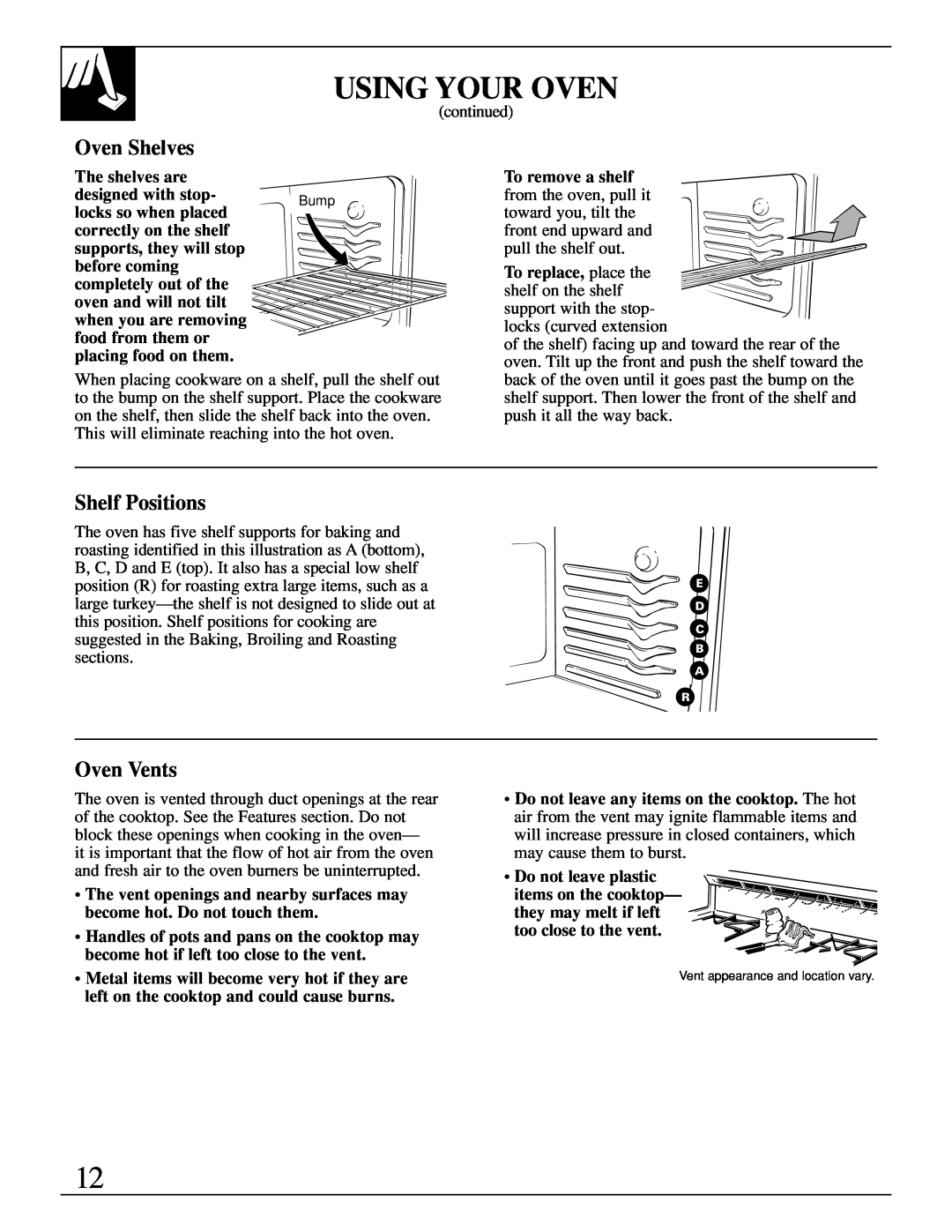 GE XL44 Oven Shelves, Shelf Positions, Oven Vents, Using Your Oven, The shelves are, designed with stop, before coming 