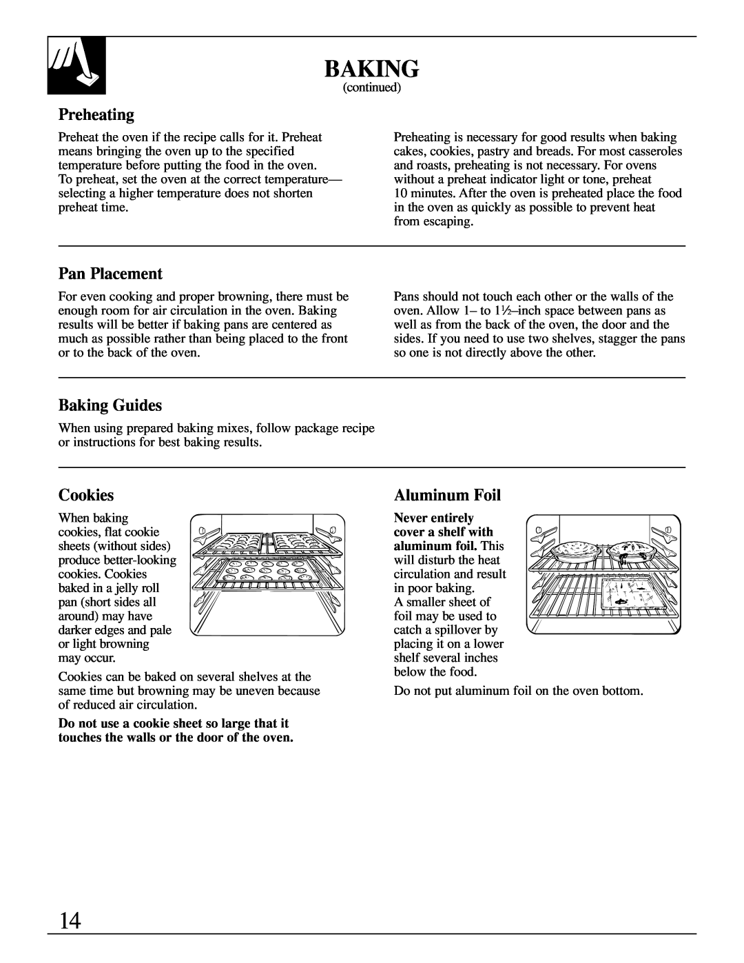 GE XL44 manual Preheating, Pan Placement, Baking Guides, Cookies, Aluminum Foil 