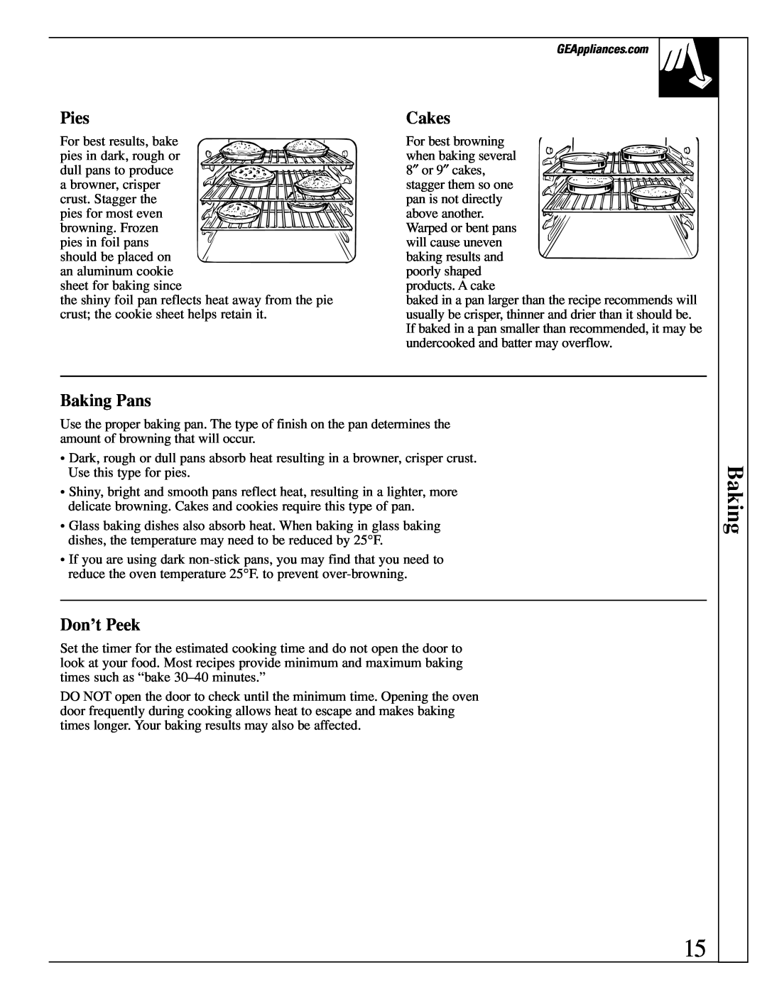 GE XL44 manual Pies, Cakes, Baking Pans, Don’t Peek 