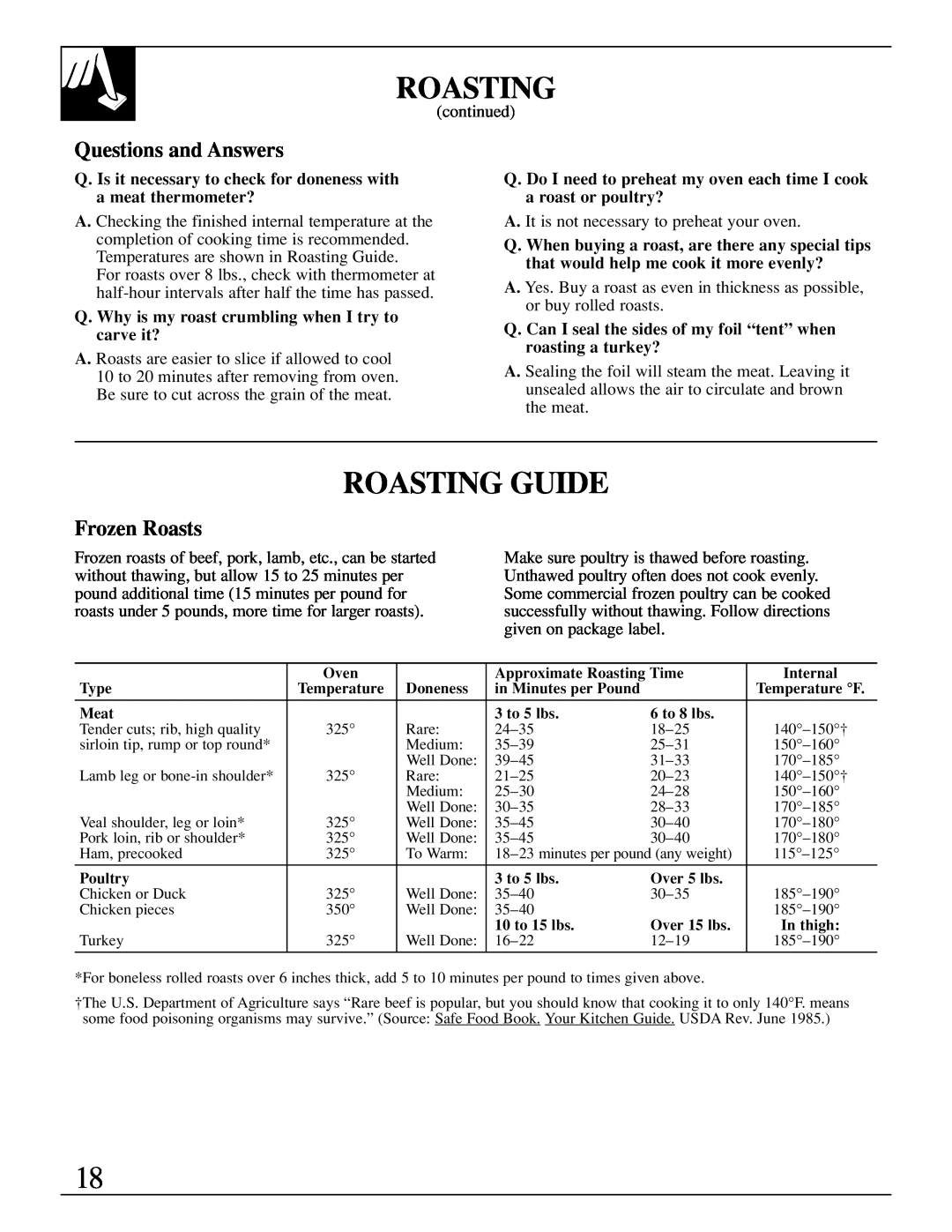 GE XL44 Roasting Guide, Questions and Answers, Frozen Roasts, Q. Is it necessary to check for doneness with, carve it? 