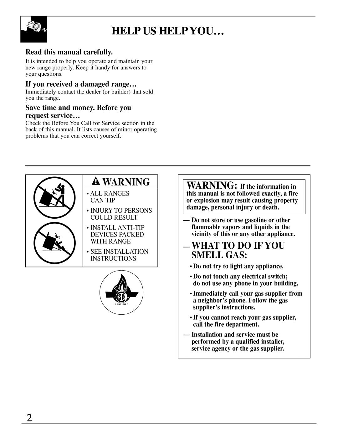 GE XL44 Help Us Help You…, What To Do If You Smell Gas, Read this manual carefully, If you received a damaged range… 