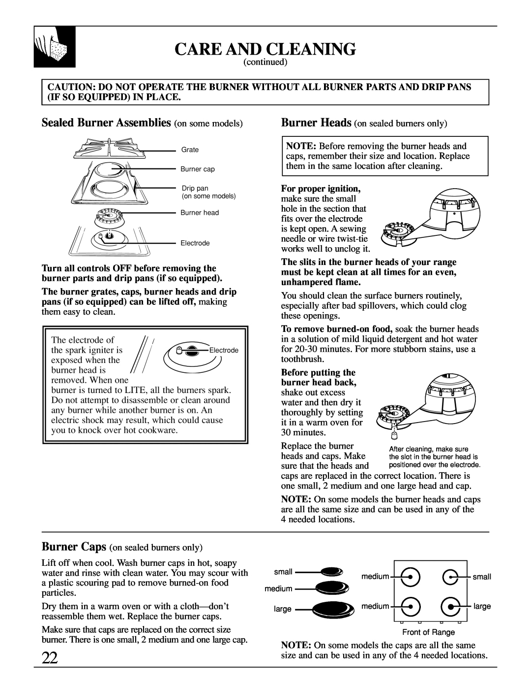 GE XL44 manual Sealed Burner Assemblies on some models, Care And Cleaning, For proper ignition, Electrode 