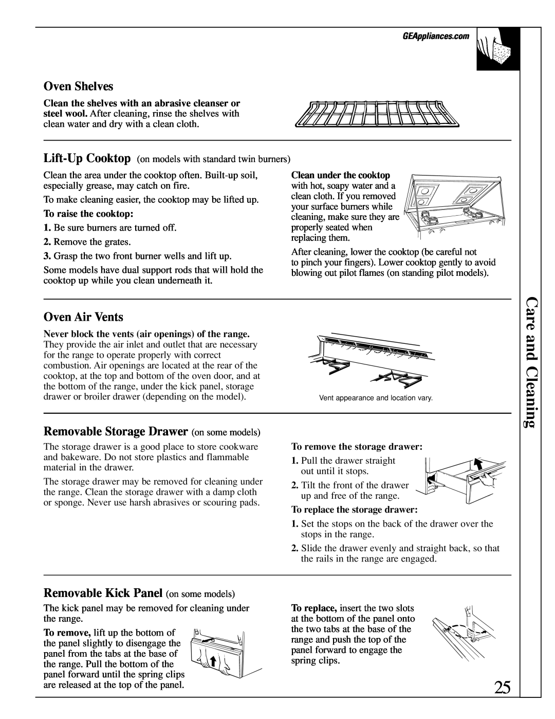 GE XL44 Care and Cleaning, Oven Air Vents, Removable Storage Drawer on some models, Removable Kick Panel on some models 