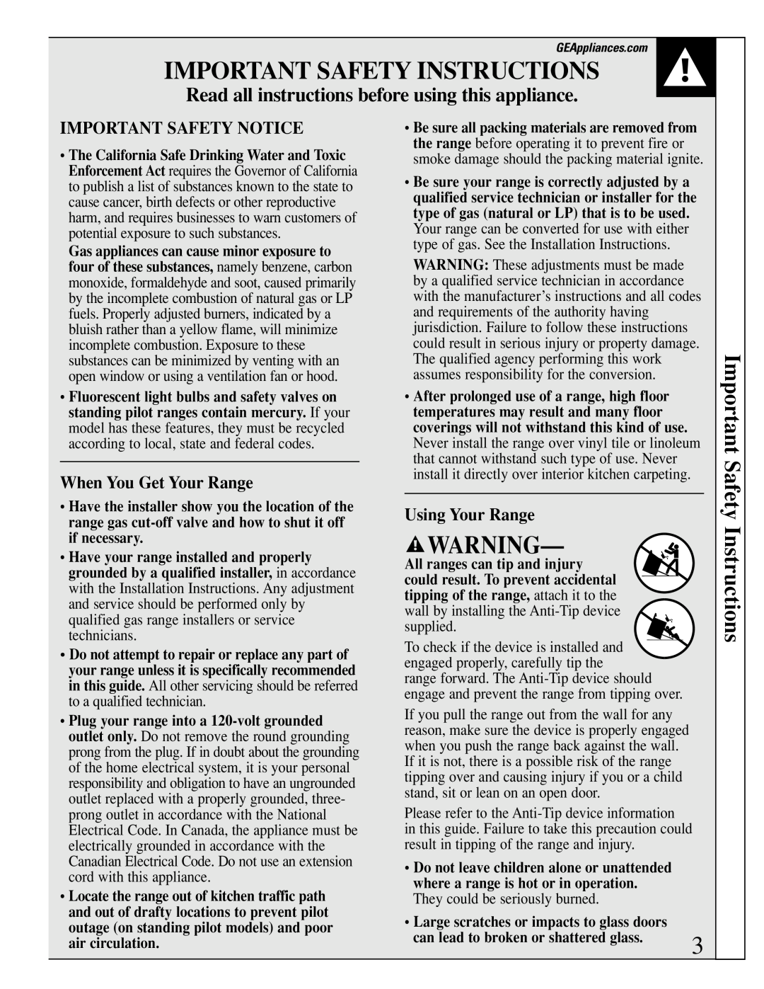 GE XL44 manual Important Safety Instructions, Read all instructions before using this appliance, Important Safety Notice 