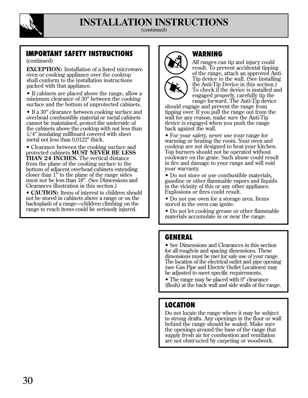 GE XL44 manual Important Safety Instructions, General, Location, Installation Instructions 