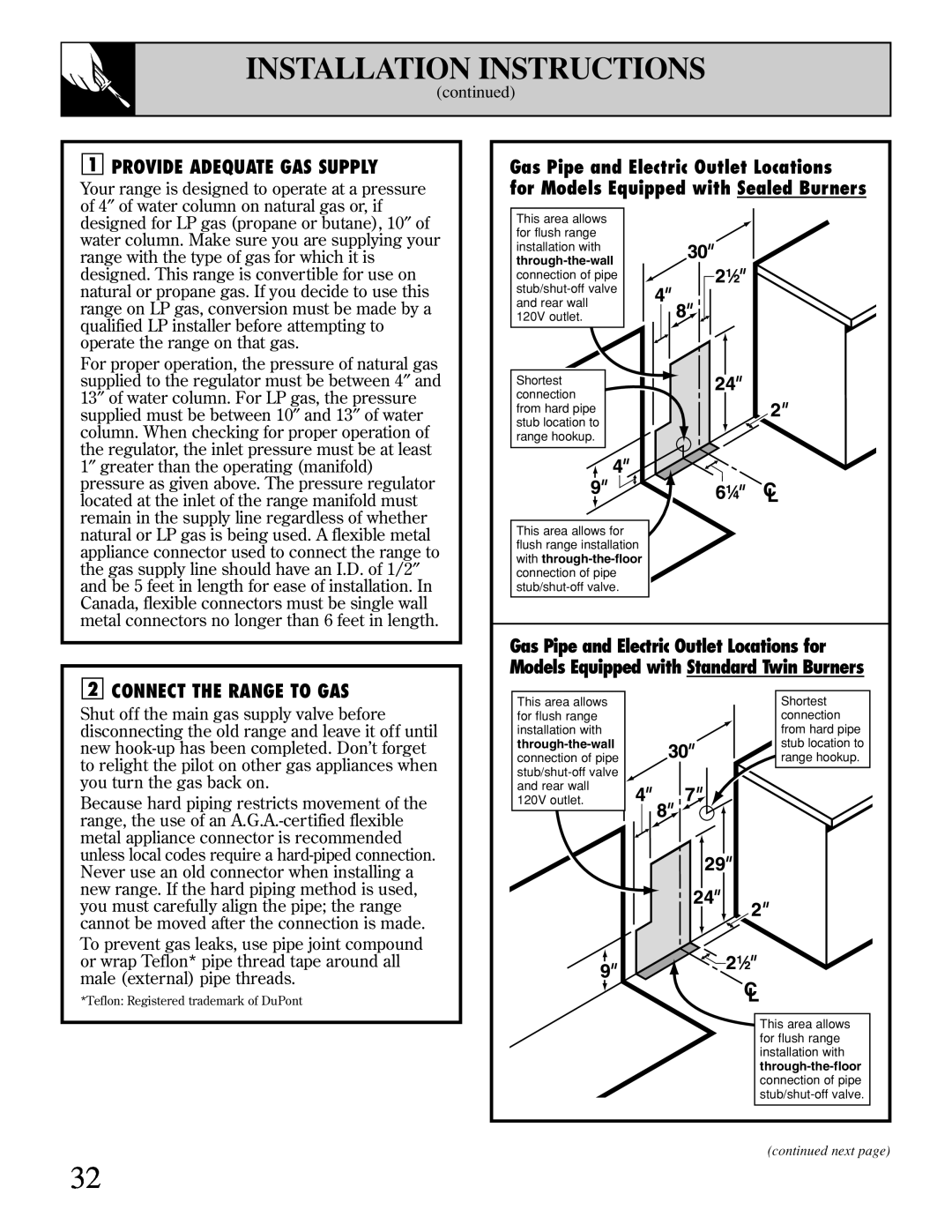 GE XL44 manual Installation Instructions, Provide Adequate Gas Supply, Connect The Range To Gas 